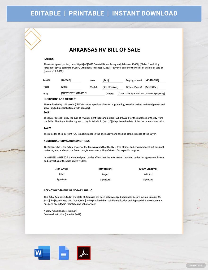 Arkansas RV Bill of Sale Template