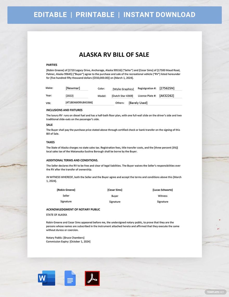 Alaska RV Bill of Sale Template