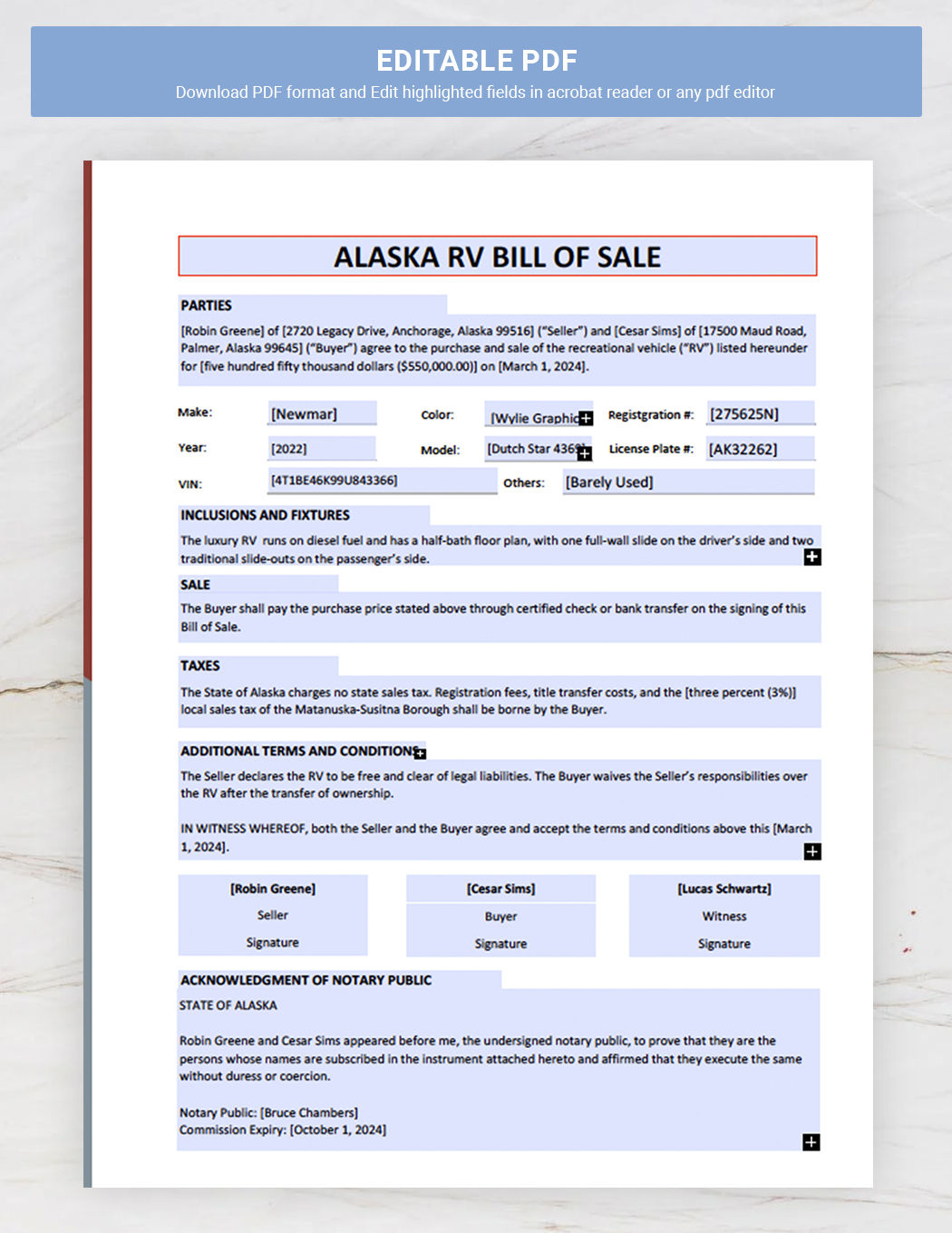 Alaska RV Bill of Sale Template