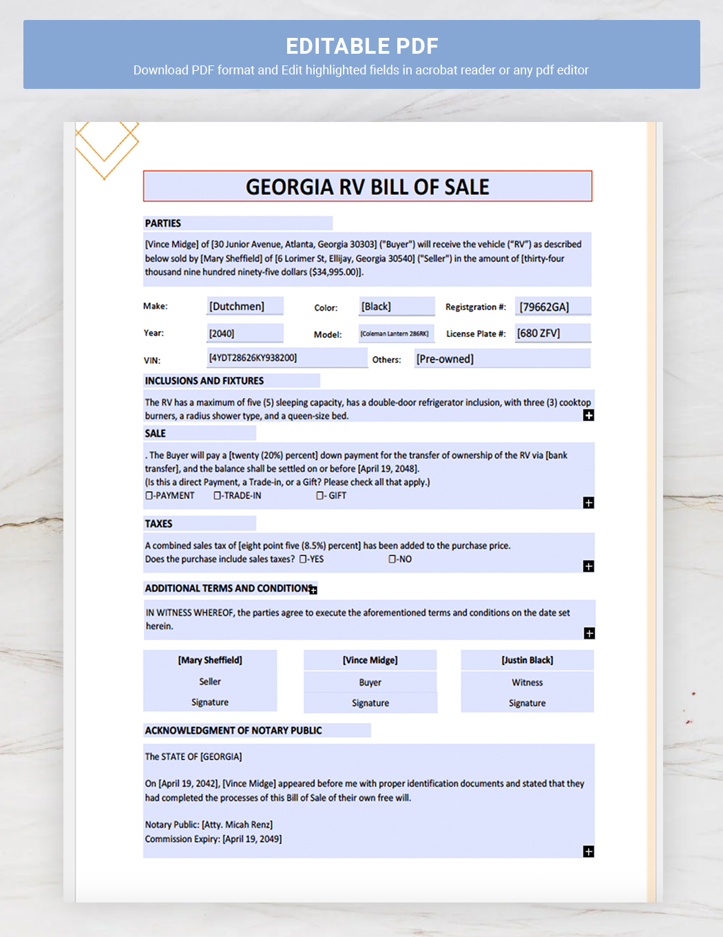 Georgia RV Bill of Sale Template