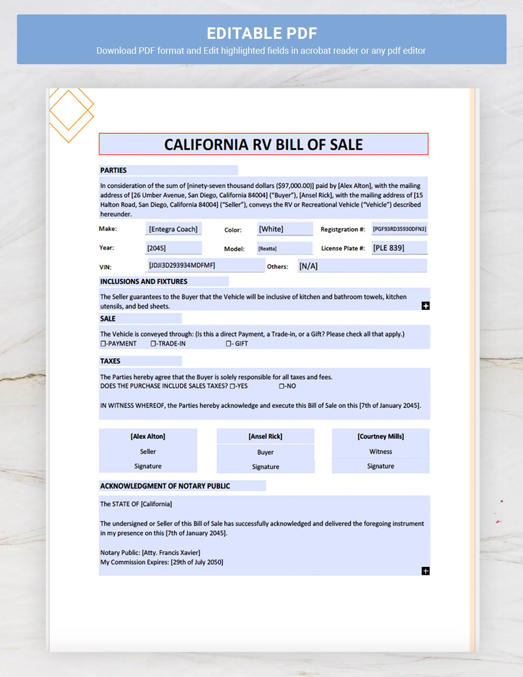 California RV Bill of Sale Template