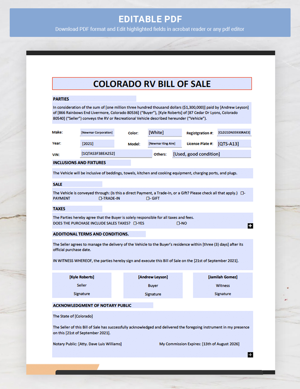Colorado RV Bill of Sale Template