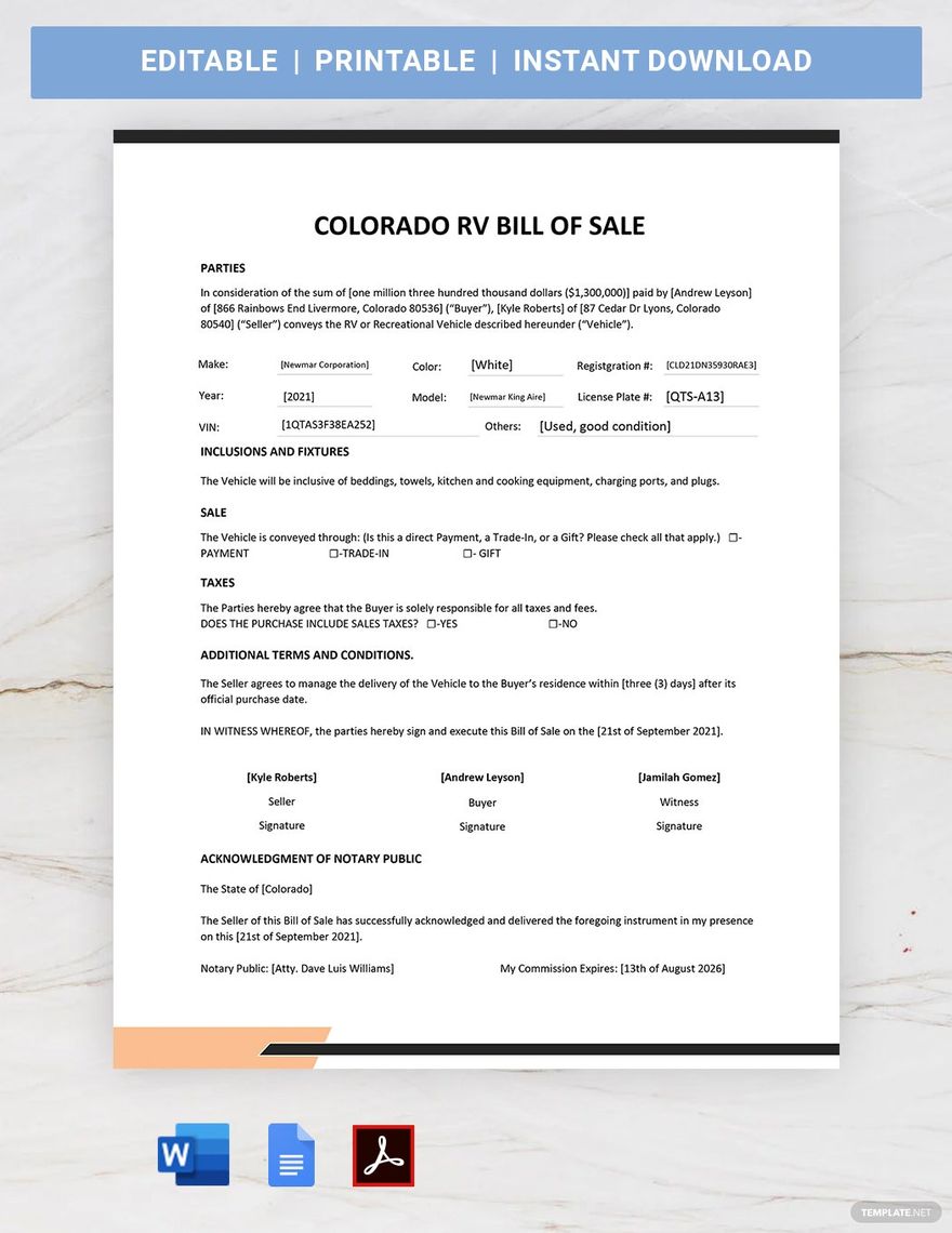 Colorado RV Bill of Sale Template in Word, Google Docs, PDF