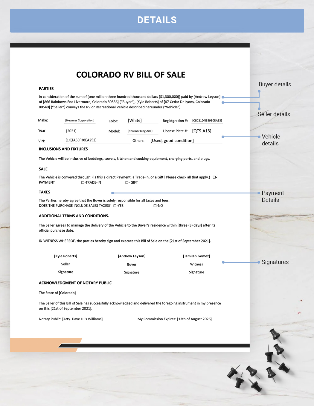 Colorado RV Bill of Sale Template