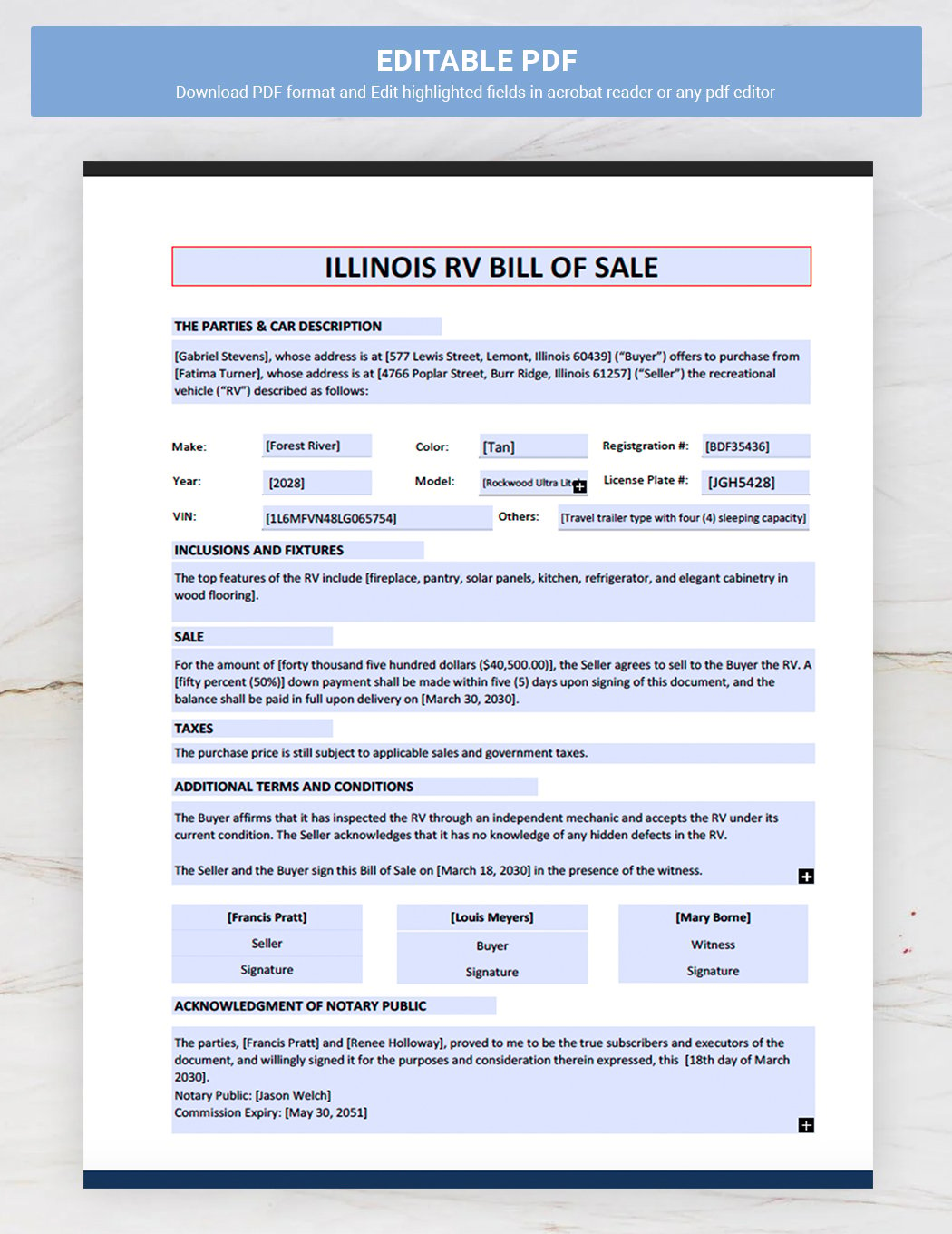 Illinois RV Bill of Sale Form Template
