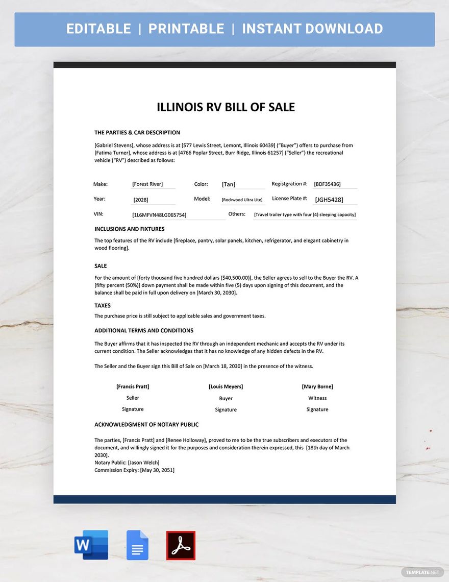 Free Illinois RV Bill of Sale Form Template Download in Word, Google