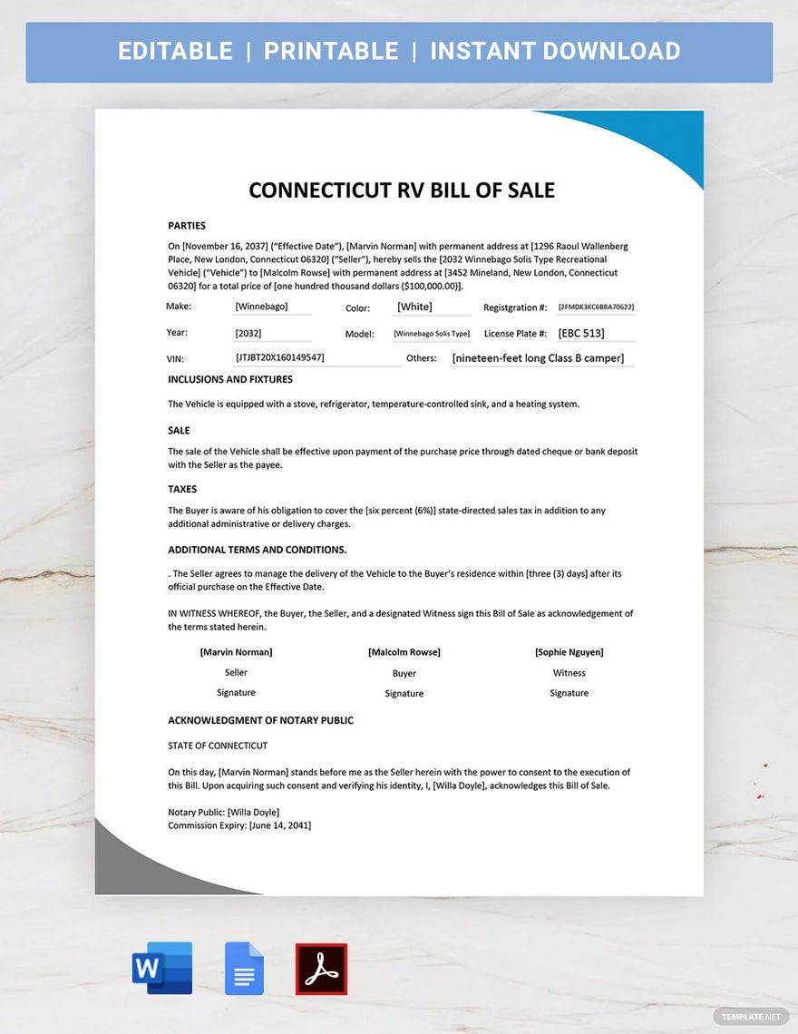 Connecticut RV Bill of Sale Form Template