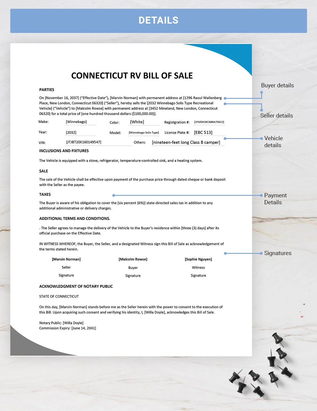 Connecticut RV Bill of Sale Form Template