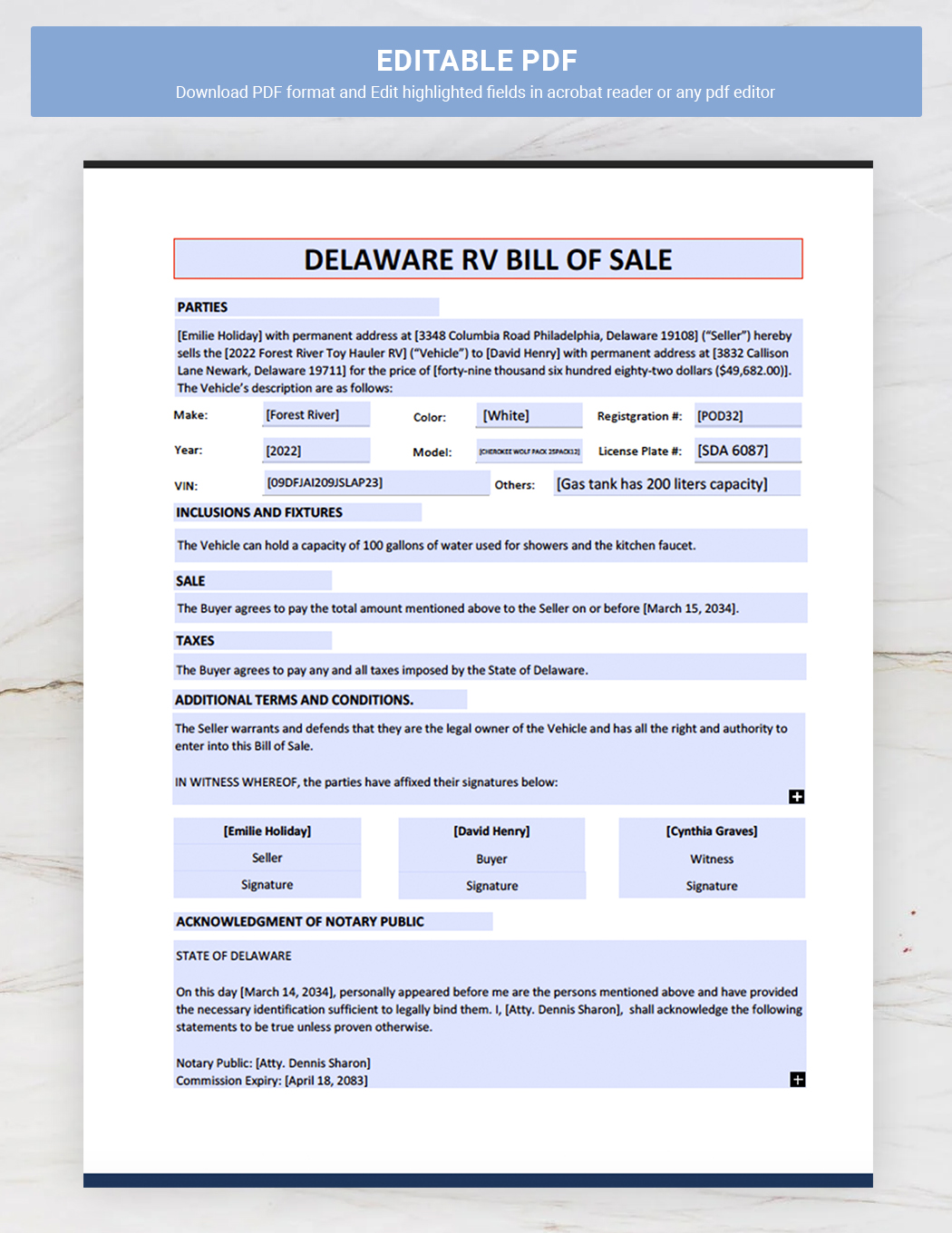 Delaware RV Bill of Sale Template