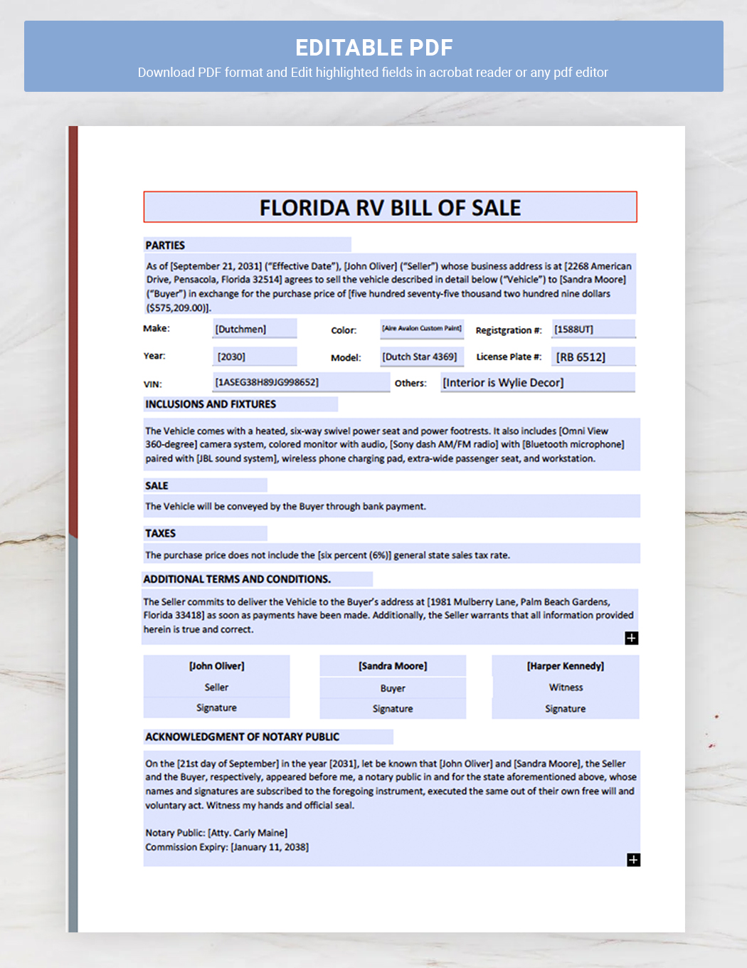 Florida RV Bill Of Sale Template
