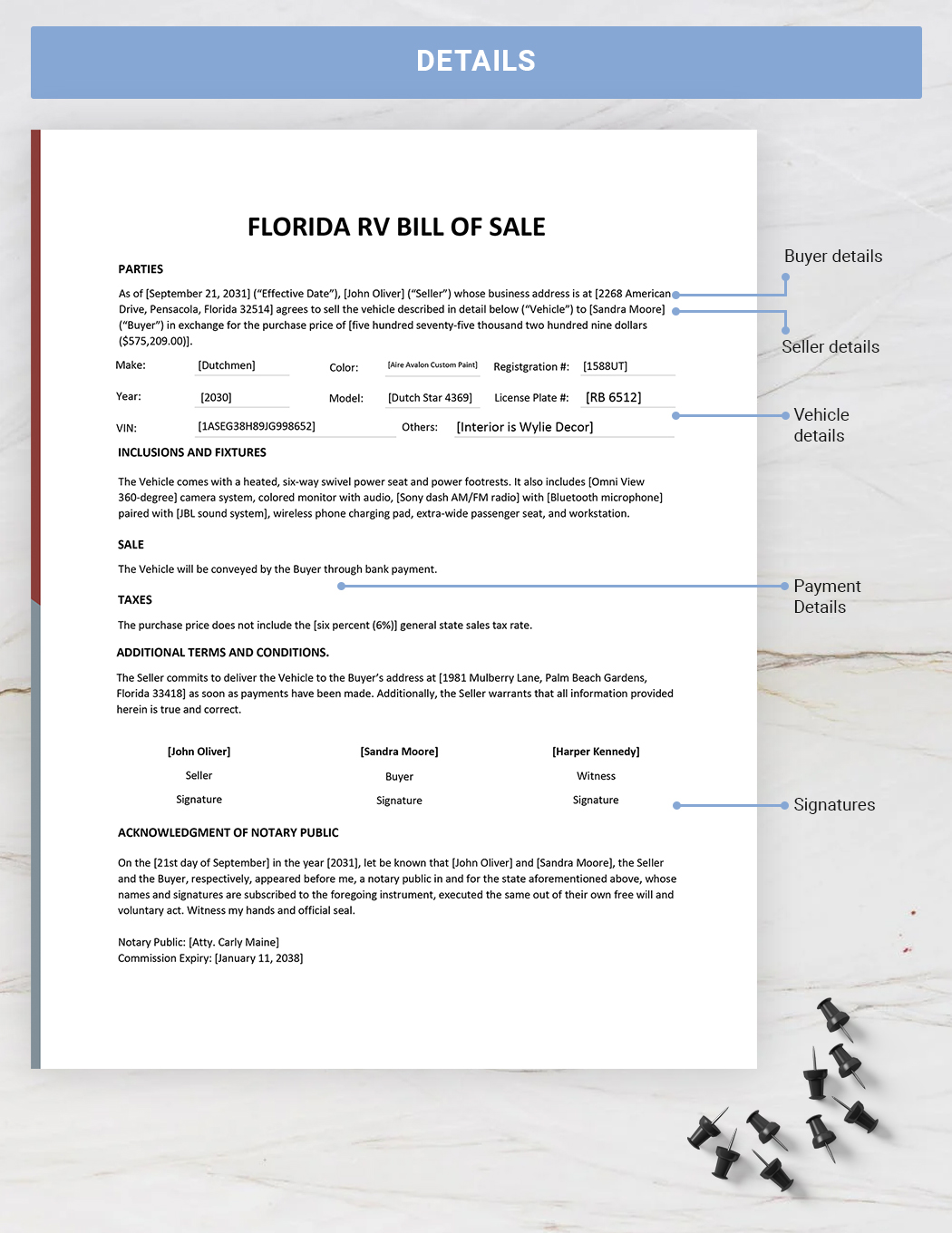 Florida RV Bill Of Sale Template