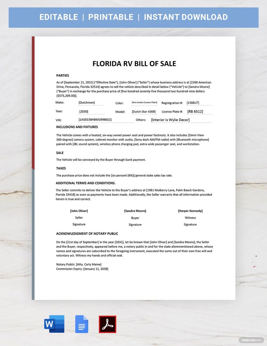 Florida RV Bill Of Sale Template Google Docs Word PDF Template