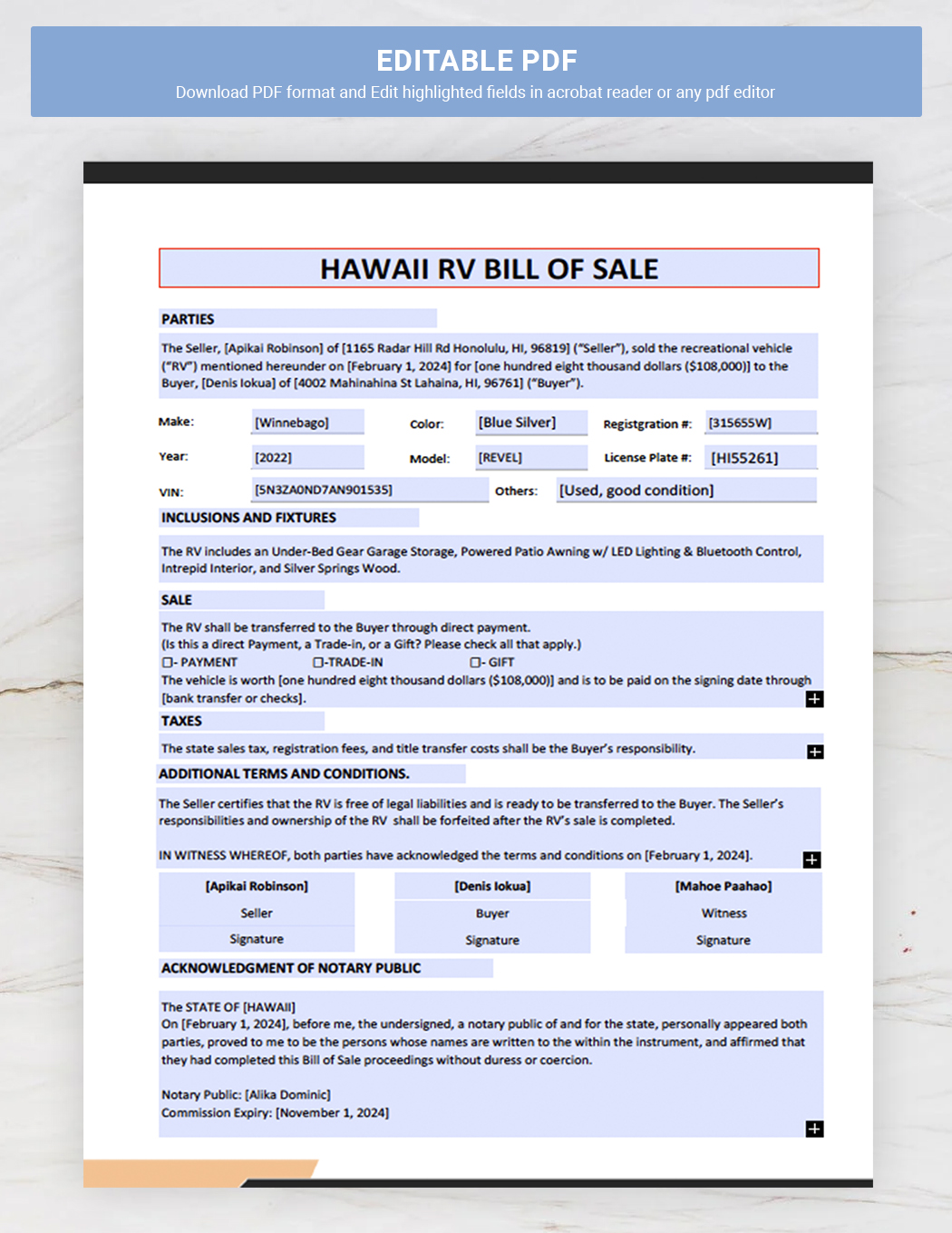 Hawaii RV Bill of Sale Template