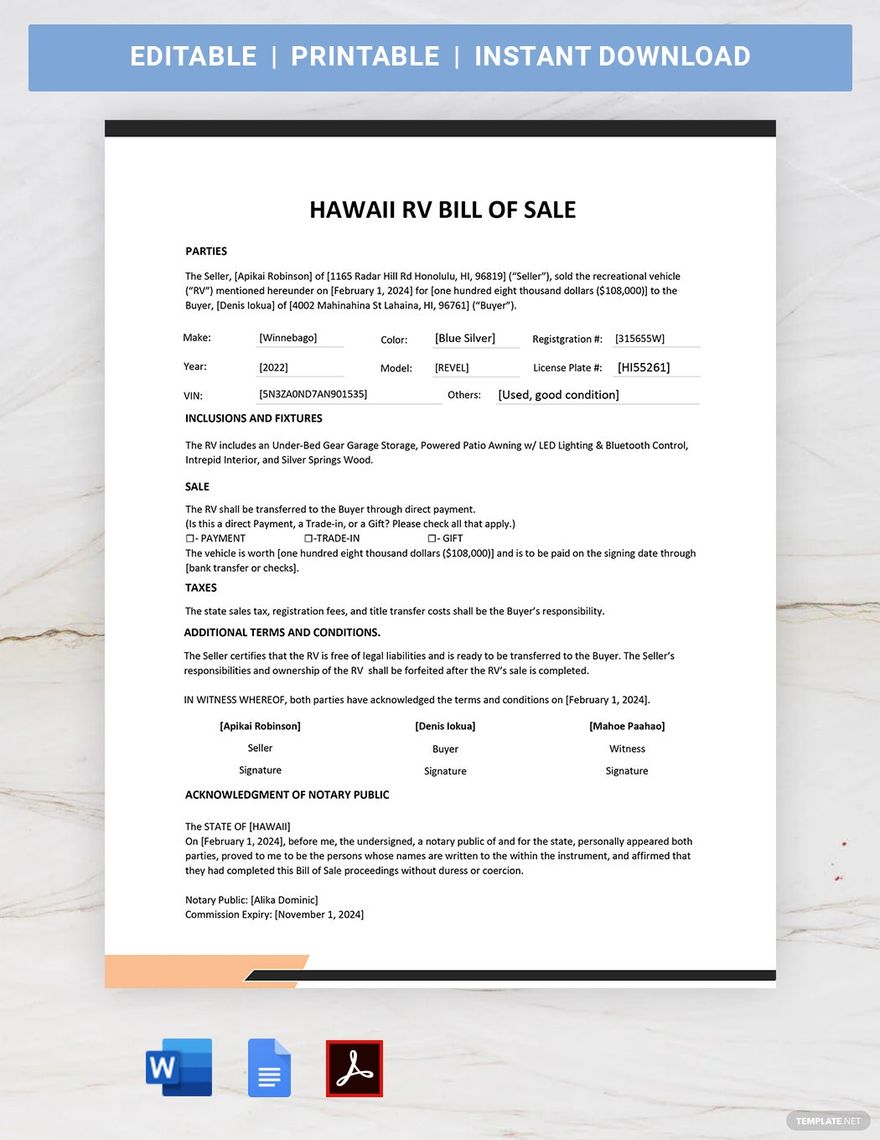Hawaii RV Bill of Sale Template in Word, Google Docs, PDF