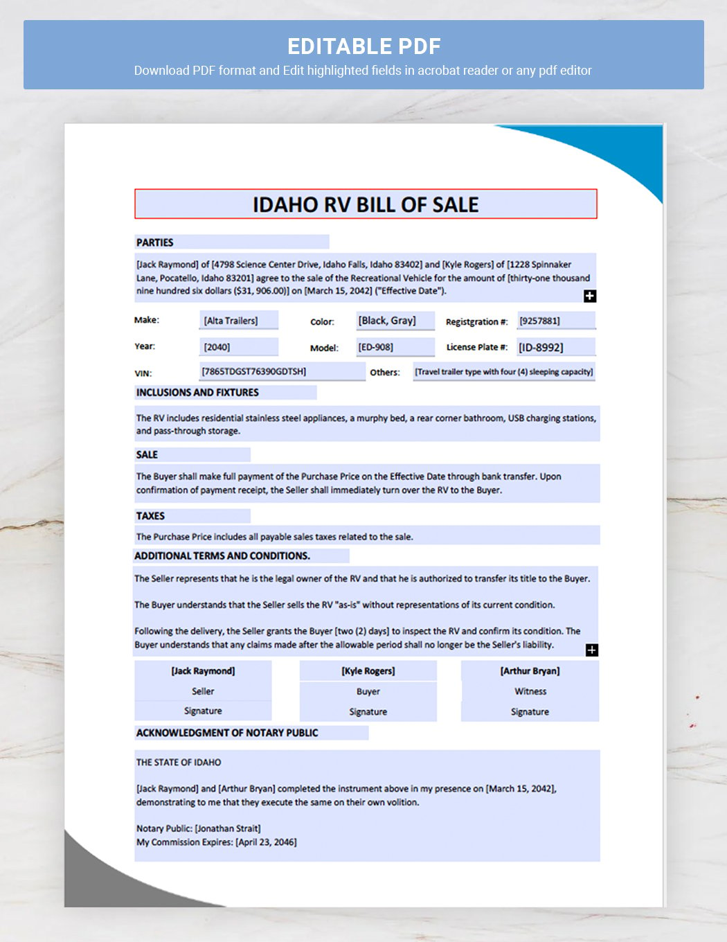 Idaho RV Bill of Sale Form Template