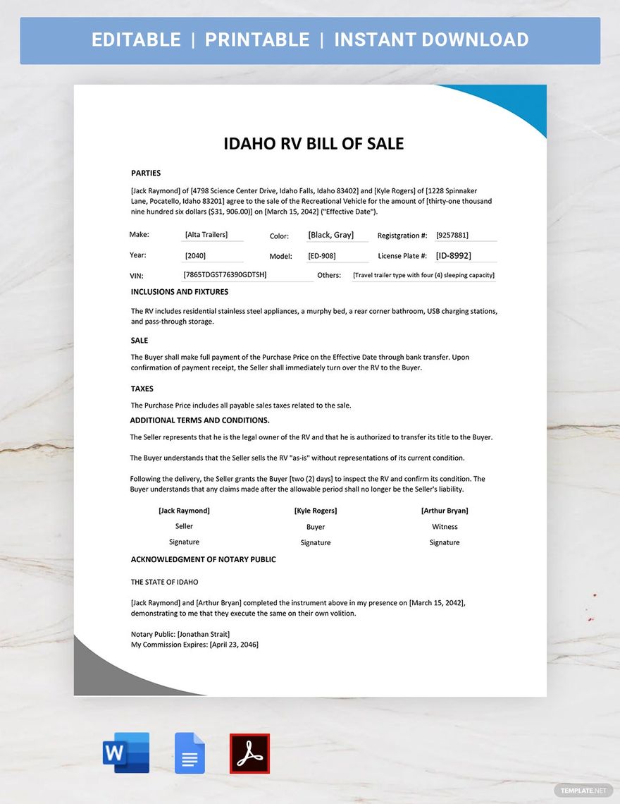 Idaho RV Bill of Sale Form Template