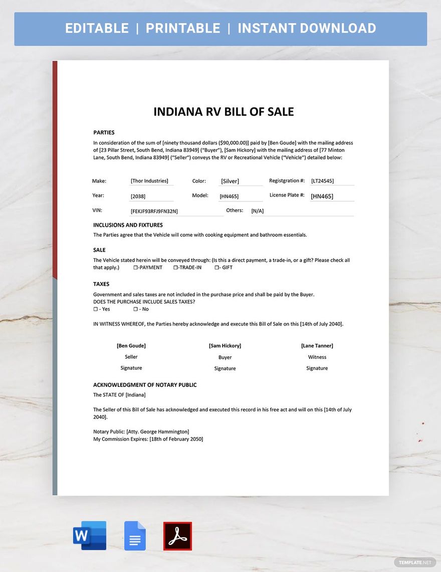 Indiana RV Bill of Sale Template