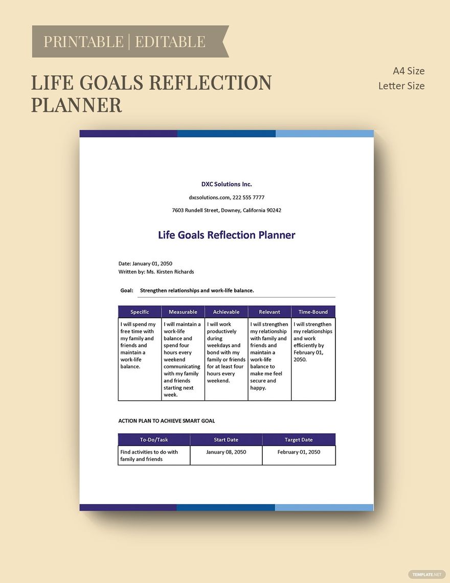 Life Goals Reflection Planner Template