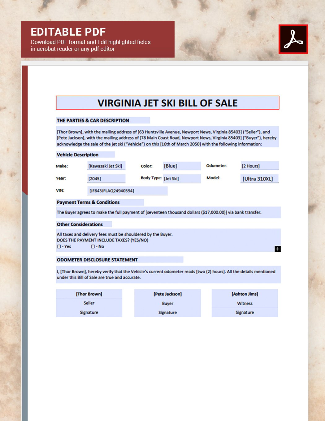 Virginia Jet Ski Bill of Sale Template