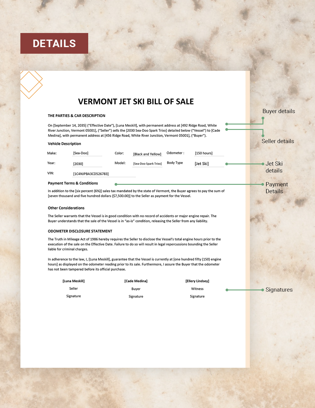 Vermont Jet Ski Bill of Sale Template