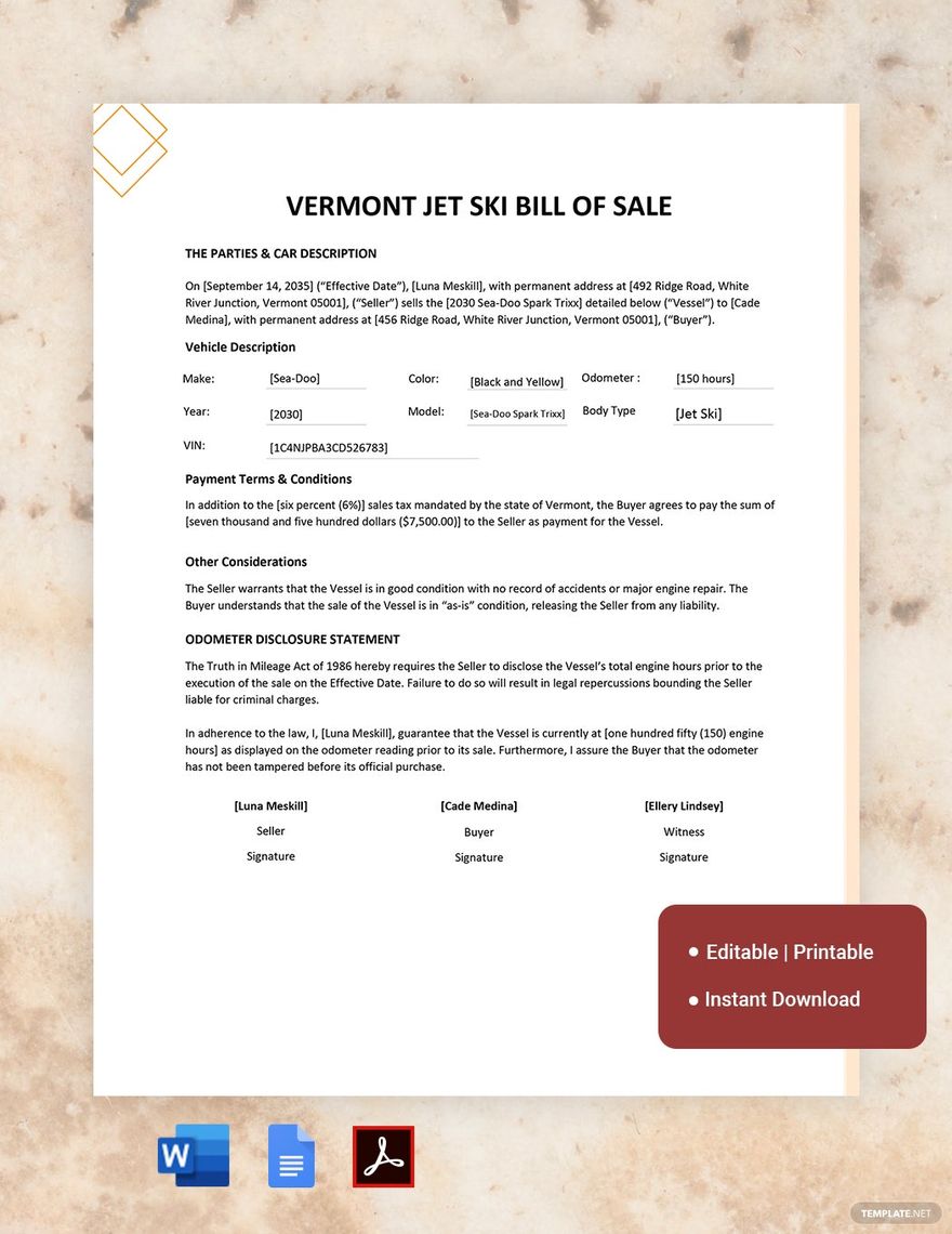 Vermont Jet Ski Bill of Sale Template