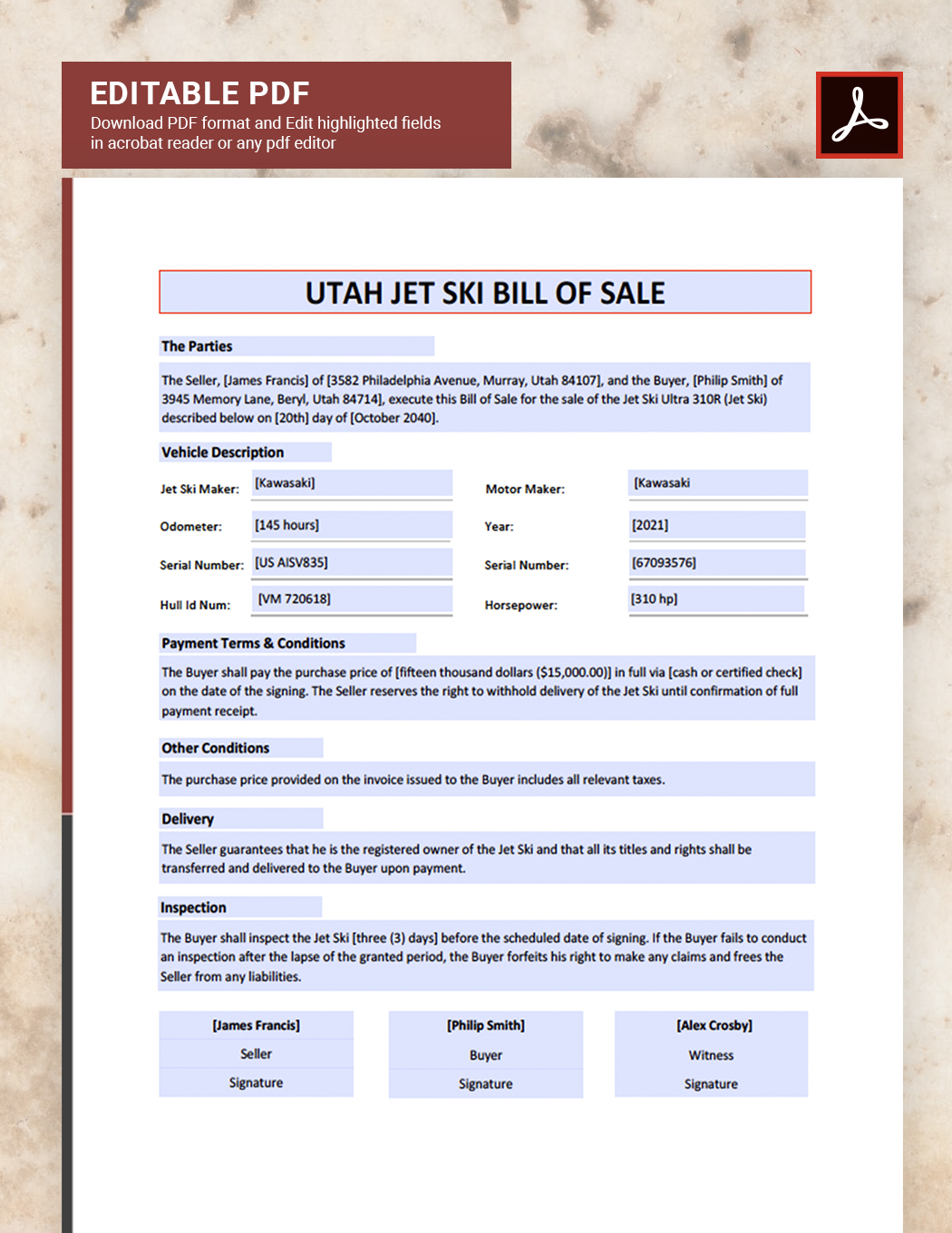 Utah Jet Ski Bill of Sale Template