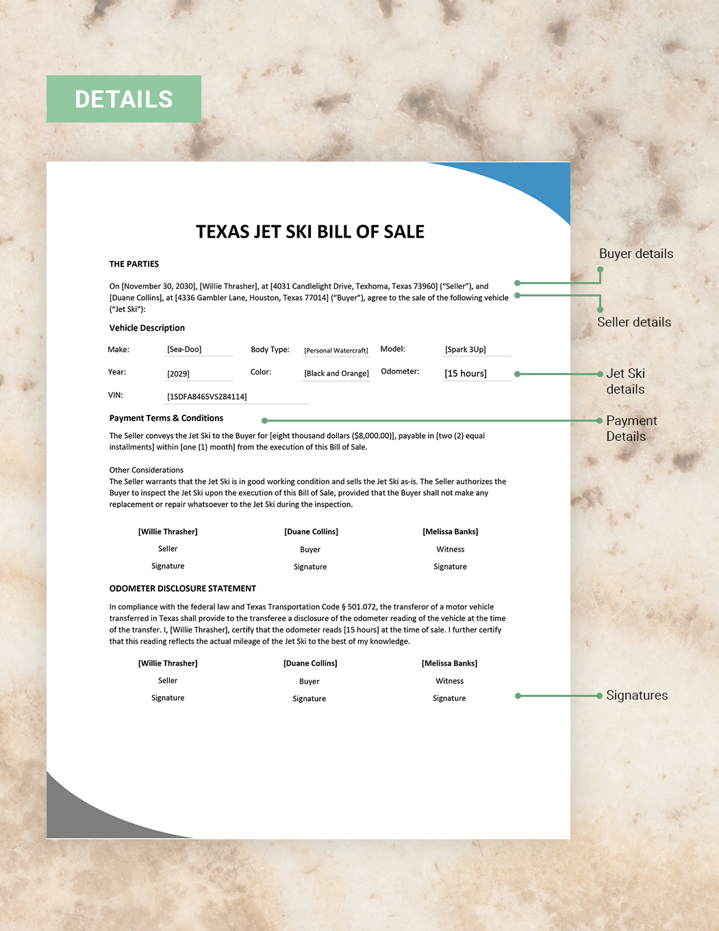 Texas Jet Ski Bill of Sale Form Template