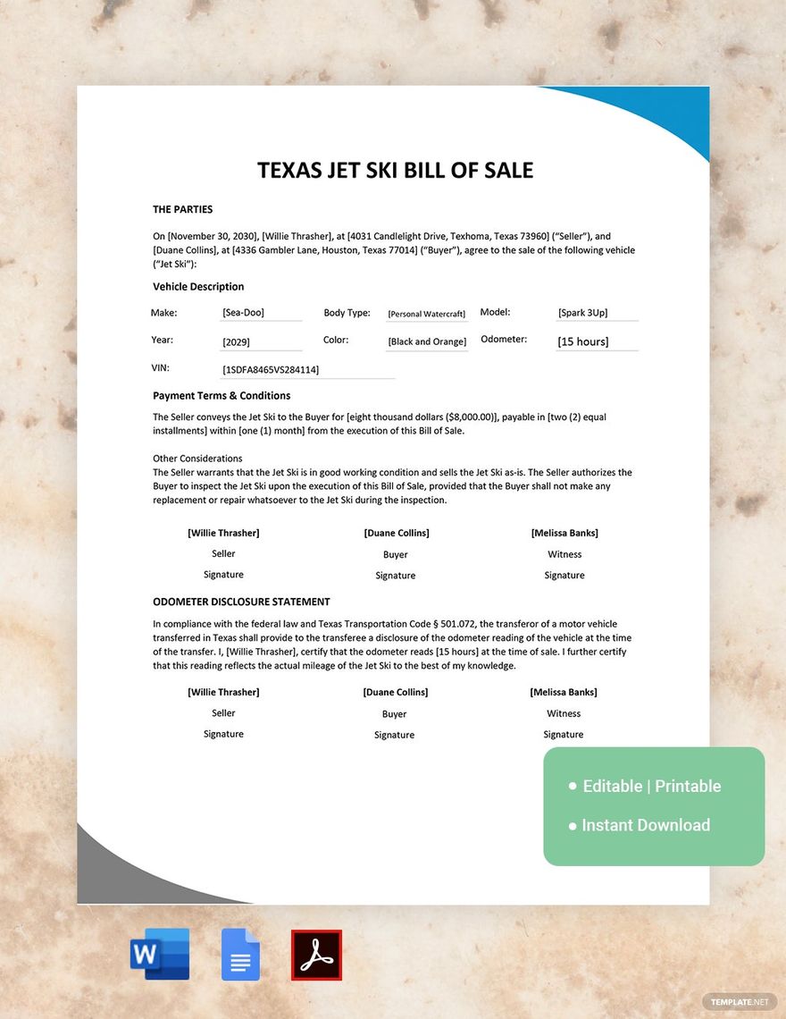 Free Texas Jet Ski Bill of Sale Form Template