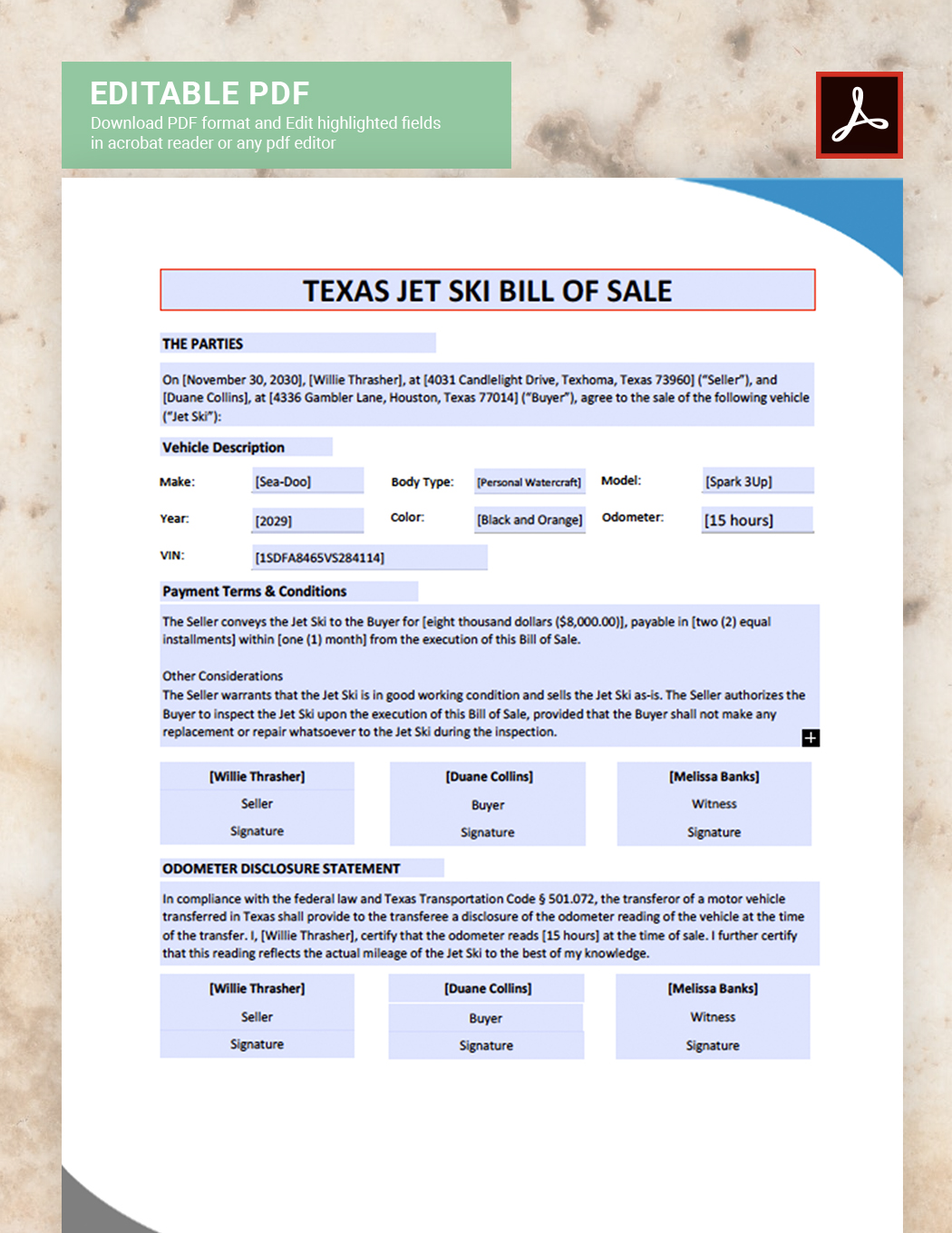 Texas Jet Ski Bill of Sale Form Template