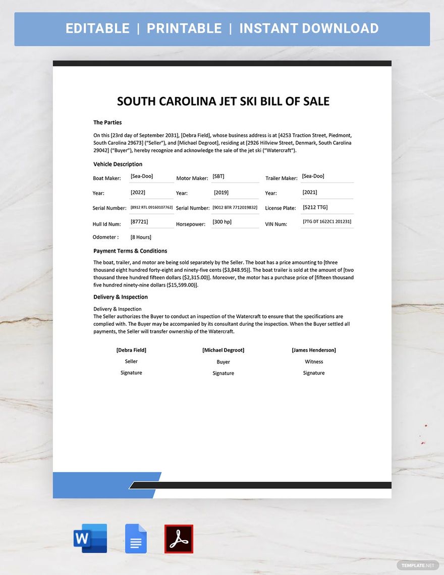 Free South Carolina Jet Ski Bill Of Sale Form Template in Word, Google Docs, PDF