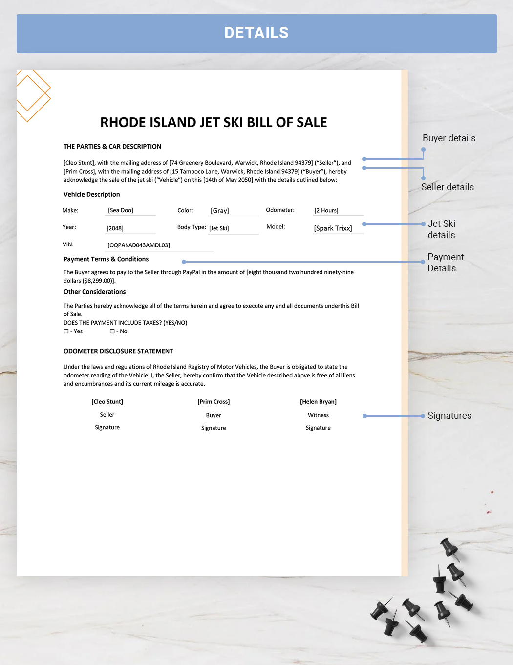 Rhode Island Jet Ski Bill of Sale Template
