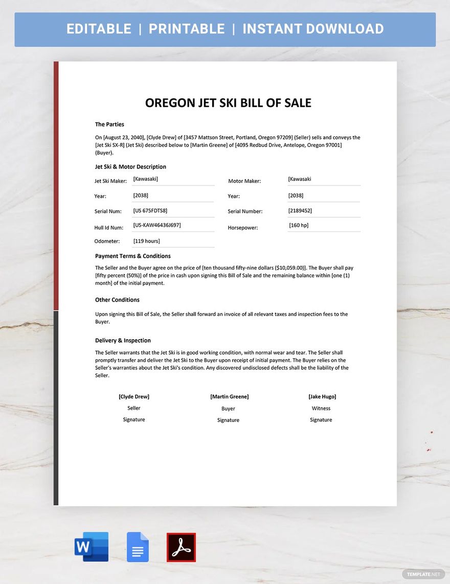 Oregon Jet Ski Bill of Sale Template