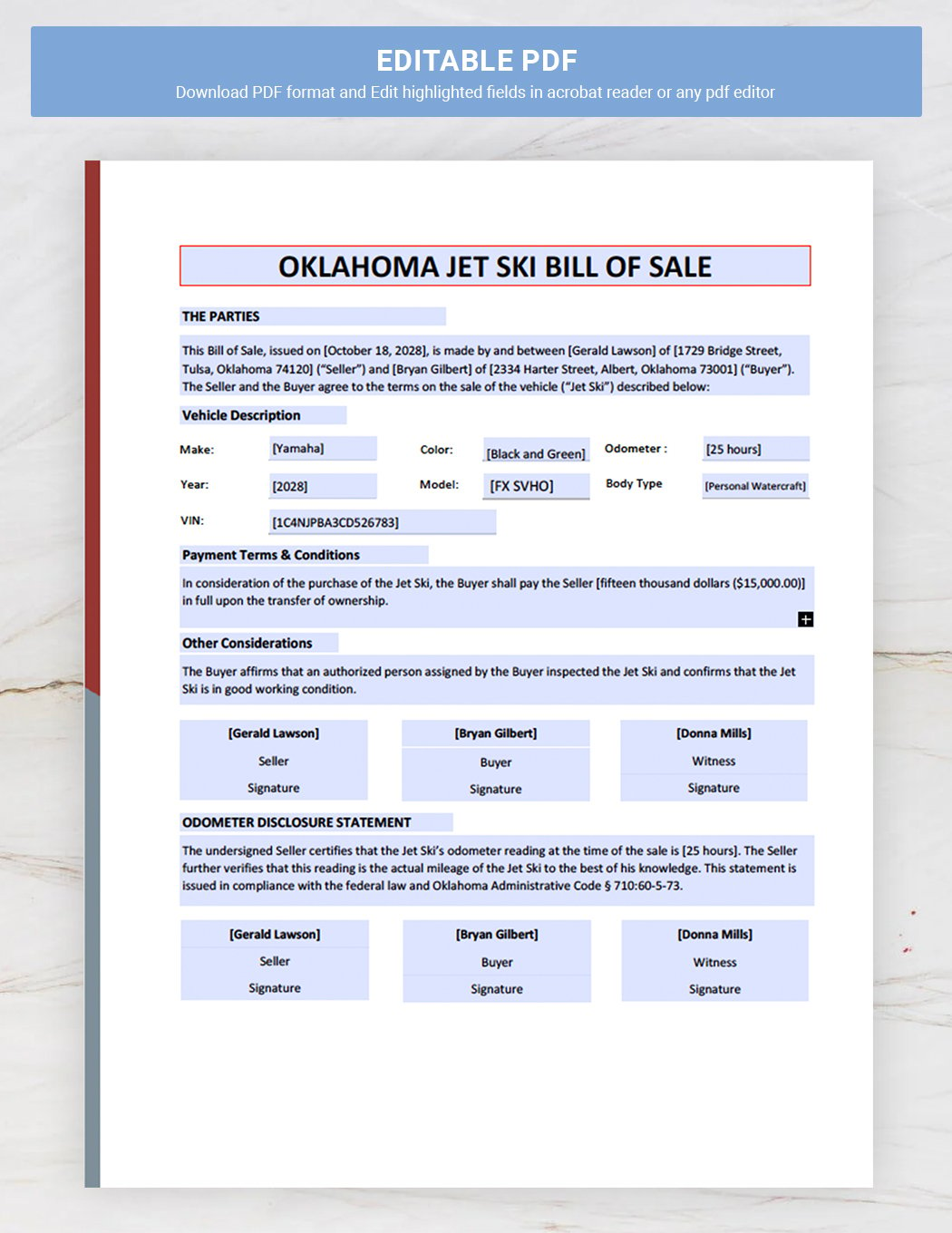 Oklahoma Jet Ski Bill of Sale Template