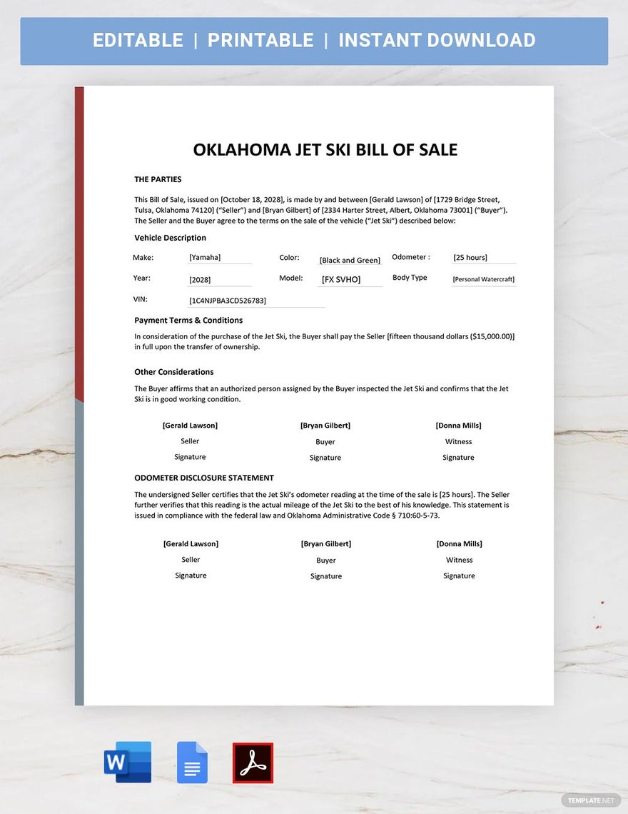 Oklahoma Jet Ski Bill of Sale Template