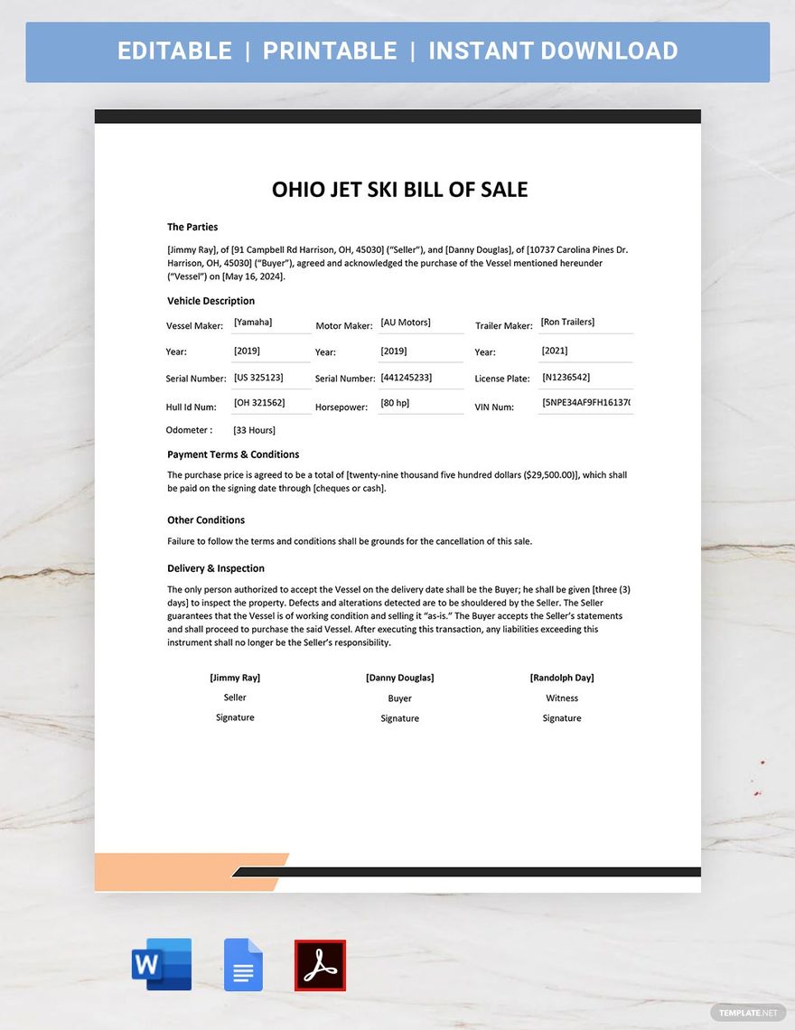 Ohio Jet Ski Bill of Sale Template