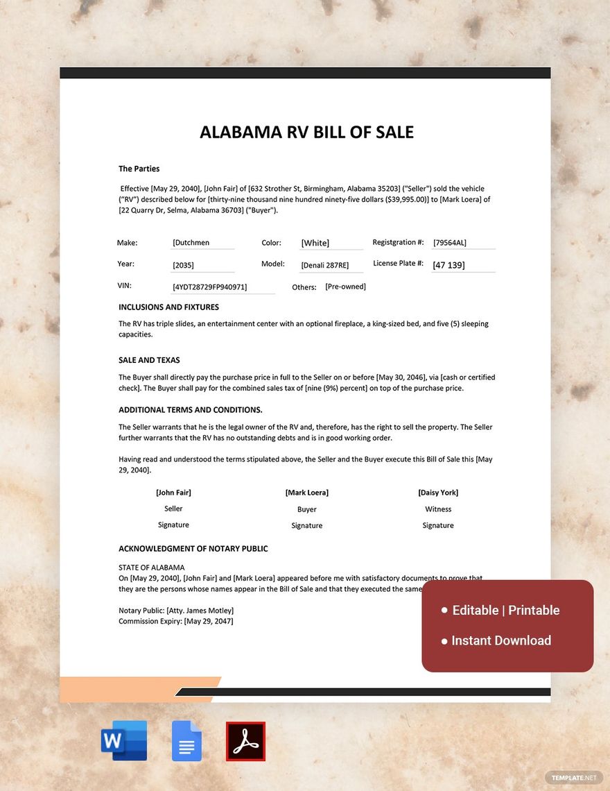 Alabama RV Bill of Sale Template in Word, Google Docs, PDF