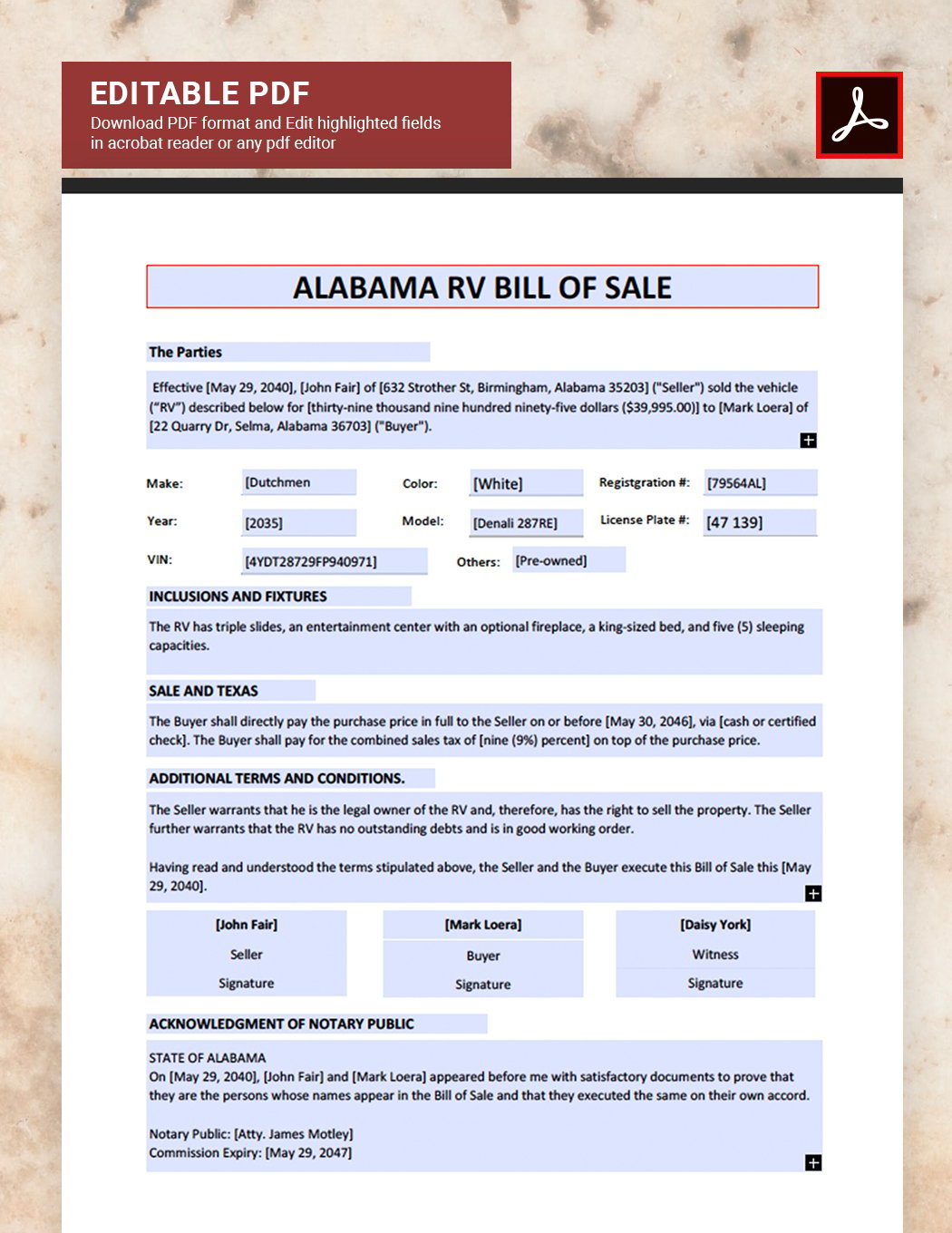 Alabama RV Bill of Sale Template