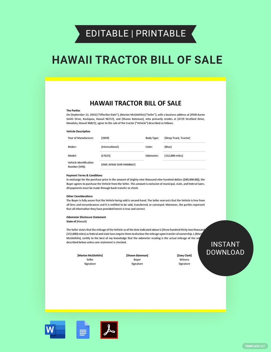 Hawaii Tractor Bill of Sale Template