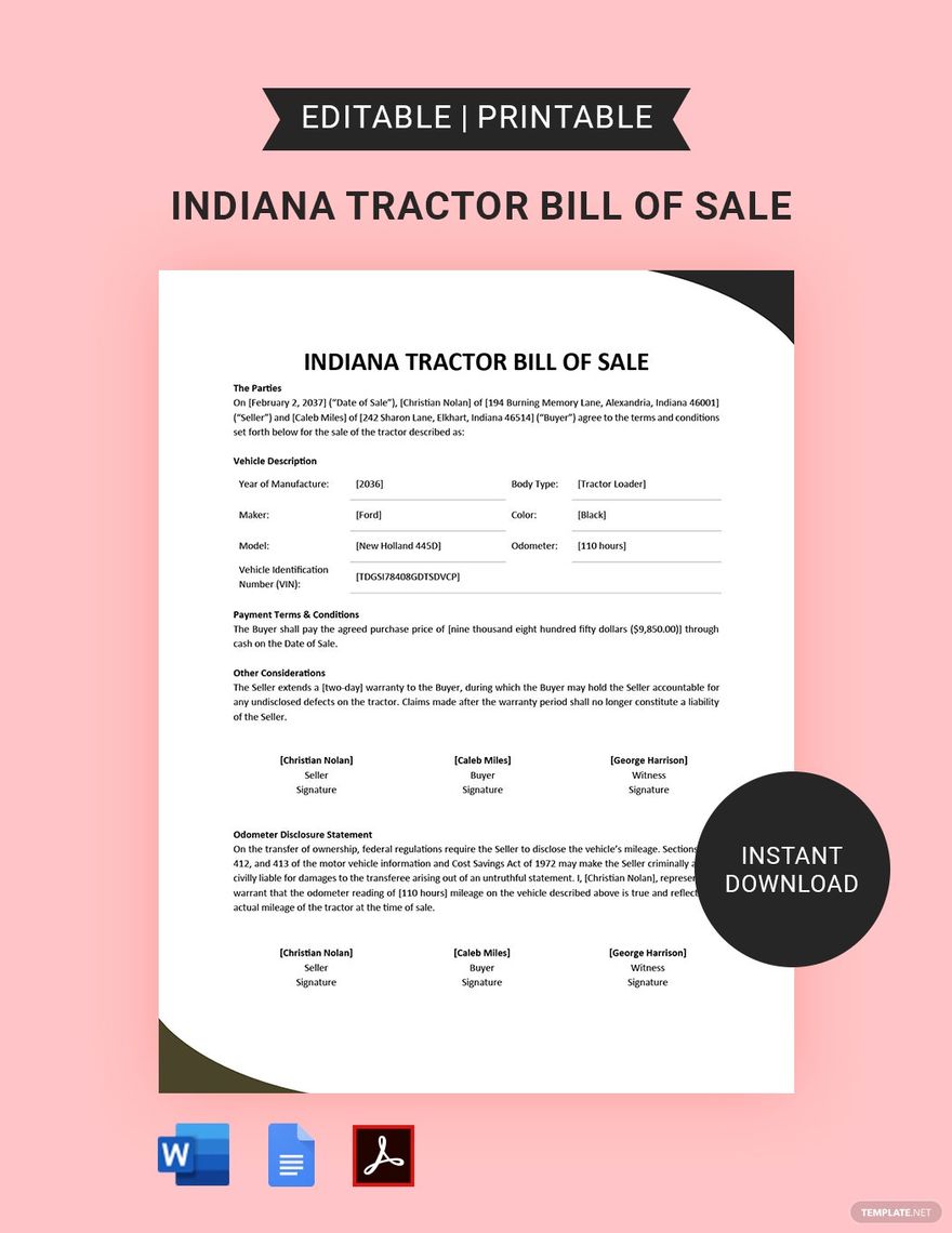 Indiana Tractor Bill of Sale Template