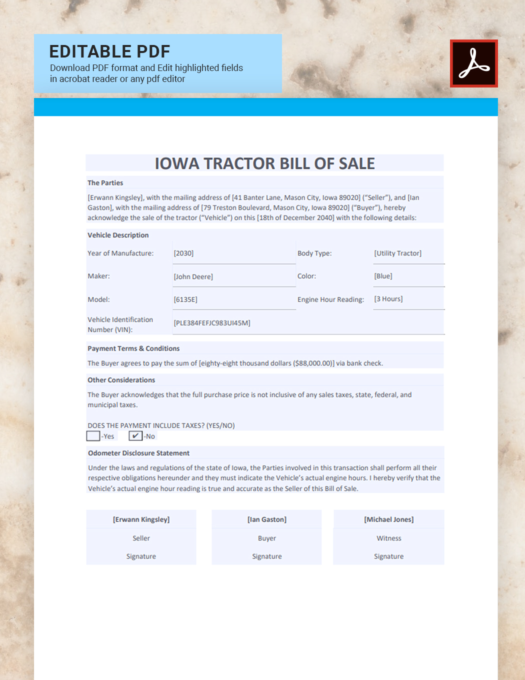 Iowa Tractor Bill of Sale Template