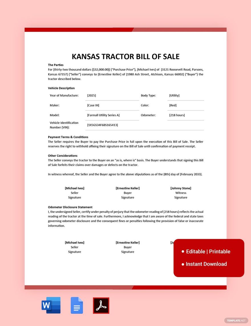 Kansas Tractor Bill of Sale Template