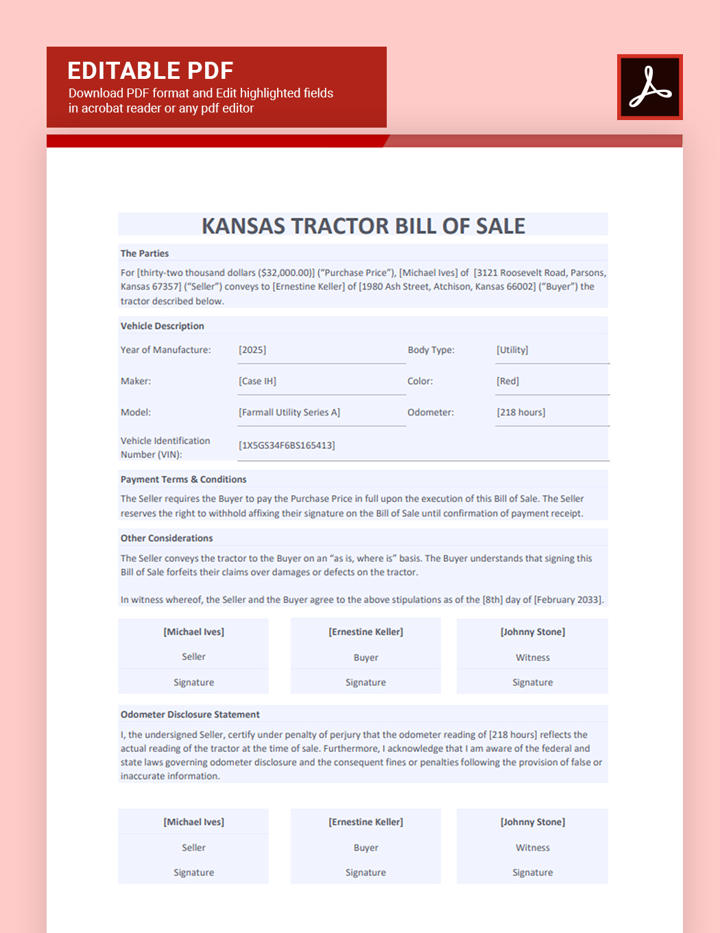 Kansas Tractor Bill of Sale Template
