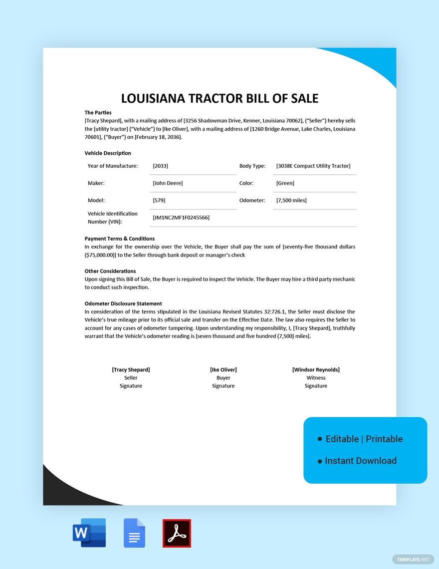 Louisiana Tractor Bill of Sale Template
