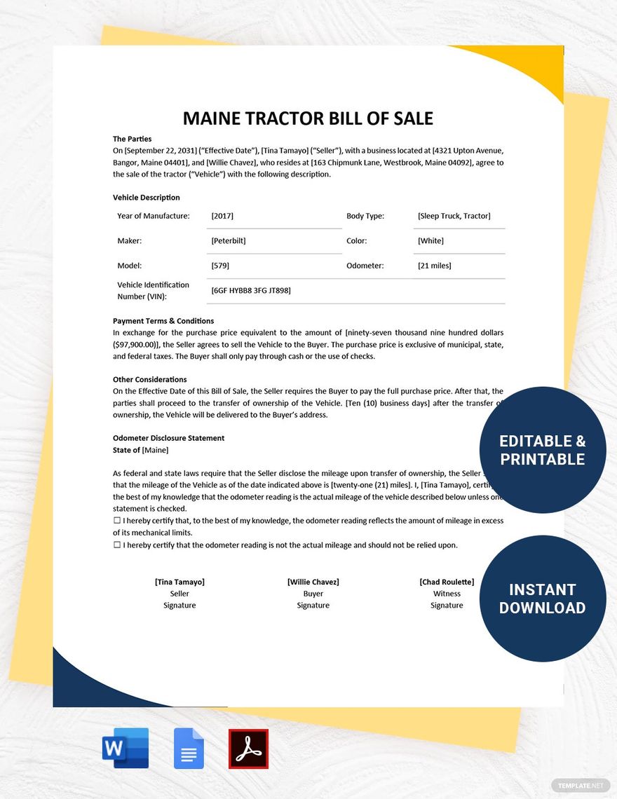 Maine Tractor Bill of Sale Template