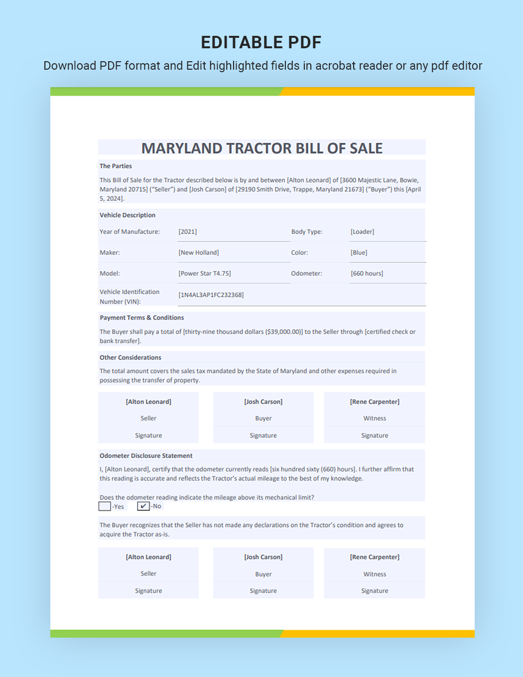 Maryland Tractor Bill of Sale Template