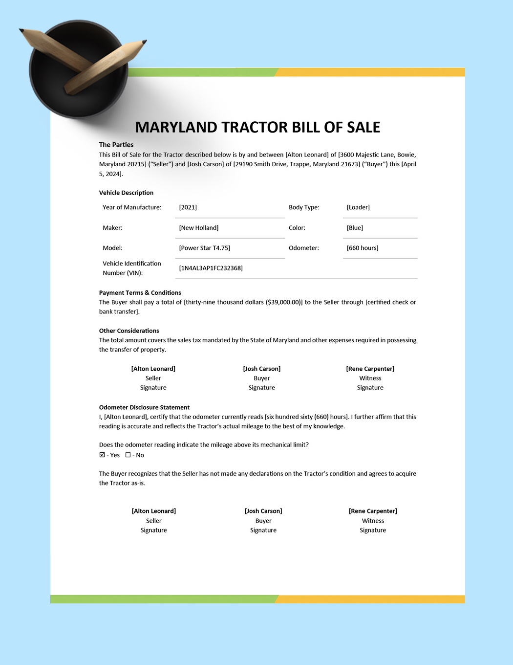 Maryland Tractor Bill of Sale Template