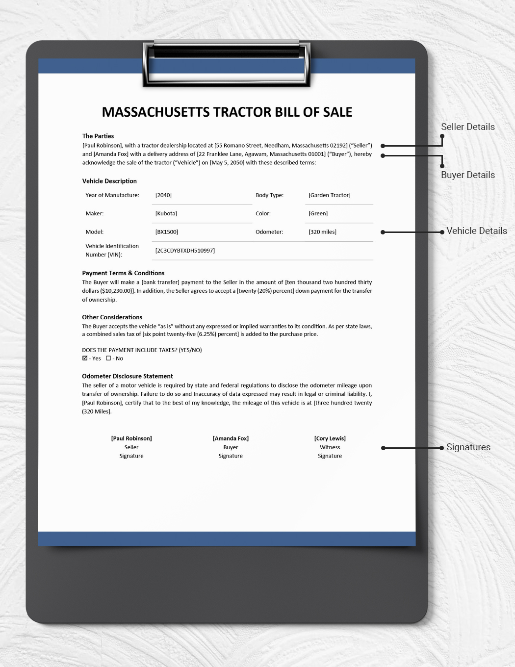 Massachusetts Tractor Bill of Sale Template