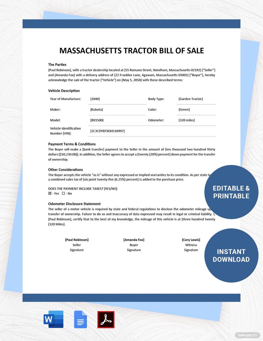 Massachusetts Tractor Bill of Sale Template in Word, Google Docs, PDF
