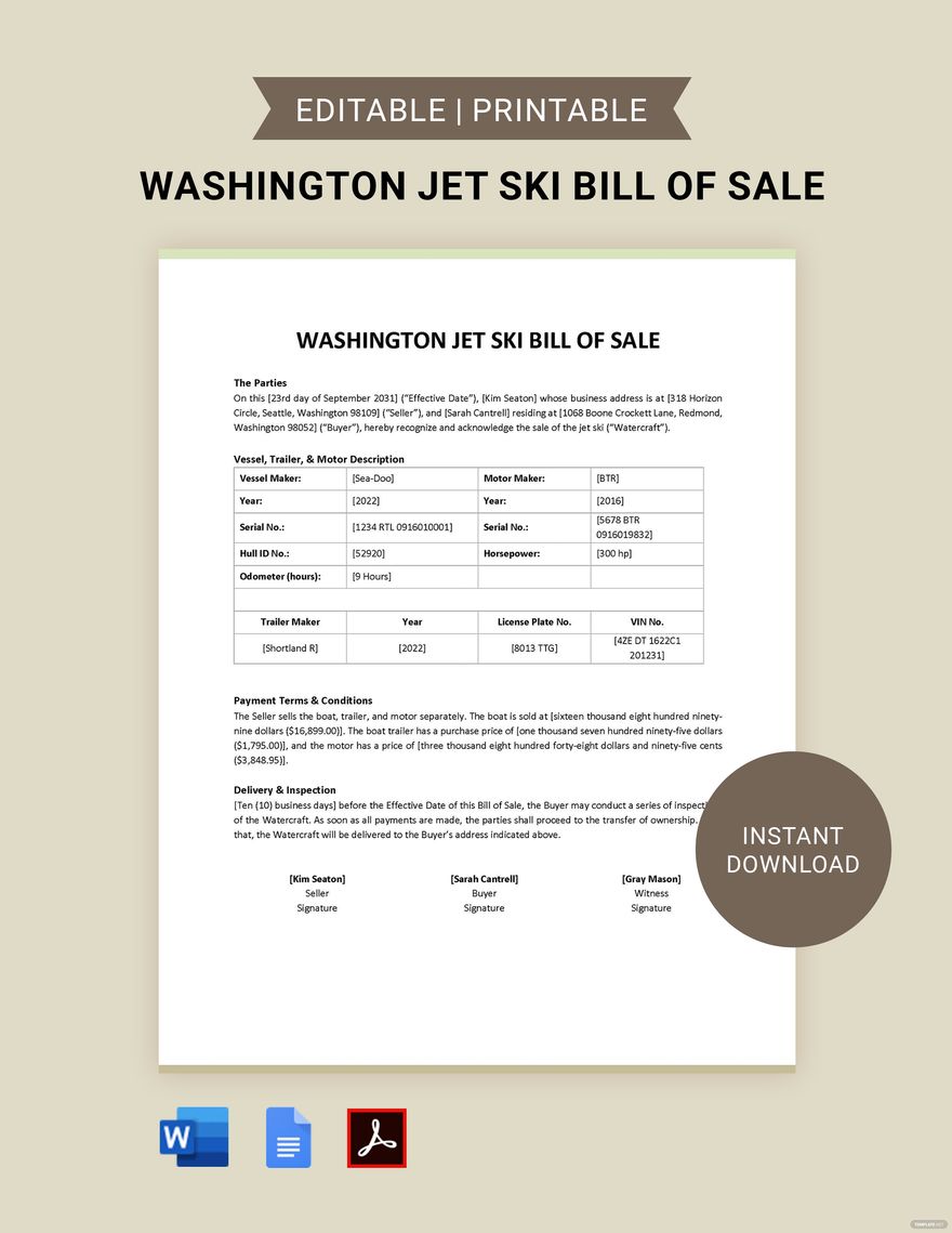Washington Jet Ski Bill of Sale Template