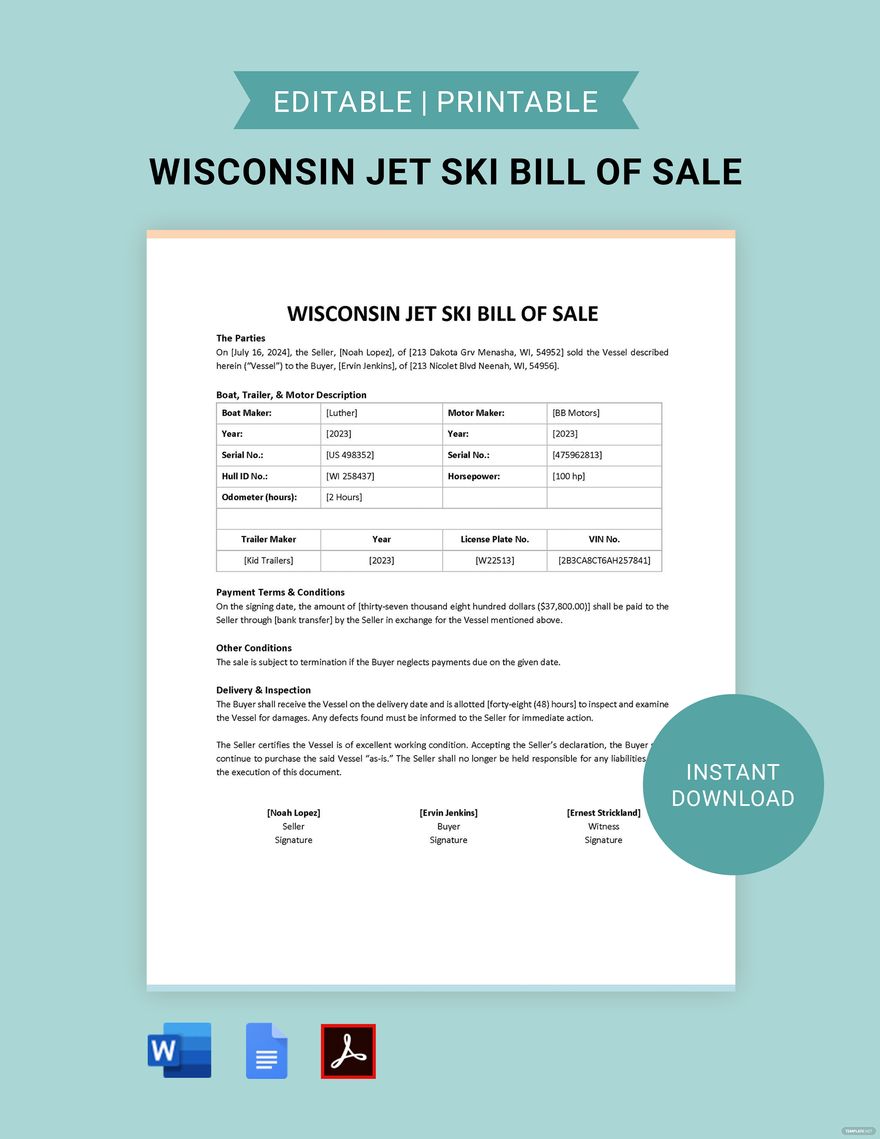 Wisconsin Jet Ski Bill of Sale Template